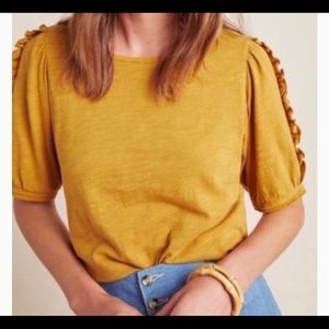 Maeve Anthropologie Mustard Gold Yellow Ruffle Sleeve Cotton Tee Size Large